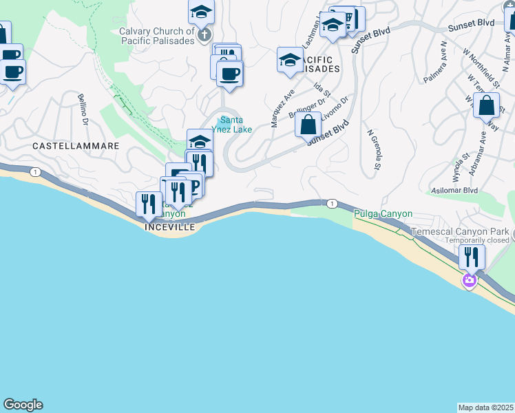 map of restaurants, bars, coffee shops, grocery stores, and more near 17200 Pacific Coast Highway in Los Angeles