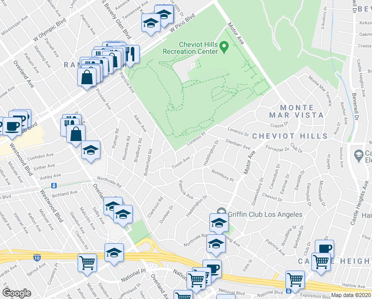 map of restaurants, bars, coffee shops, grocery stores, and more near 10470 Lorenzo Place in Los Angeles