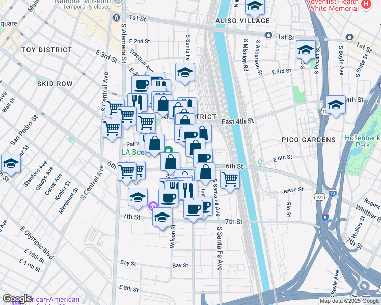 map of restaurants, bars, coffee shops, grocery stores, and more near 580 Mateo Street in Los Angeles