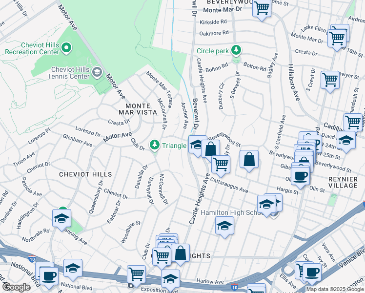 map of restaurants, bars, coffee shops, grocery stores, and more near 2812 Anchor Avenue in Los Angeles