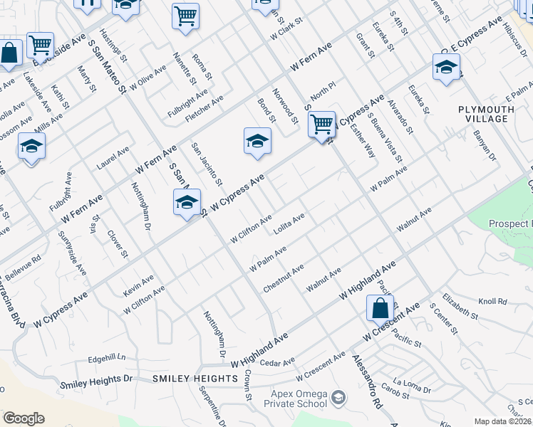 map of restaurants, bars, coffee shops, grocery stores, and more near 635 Harding Drive in Redlands
