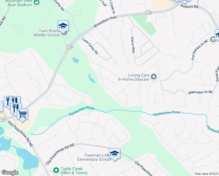 map of restaurants, bars, coffee shops, grocery stores, and more near 2424 Malden Park Drive Northeast in Buford