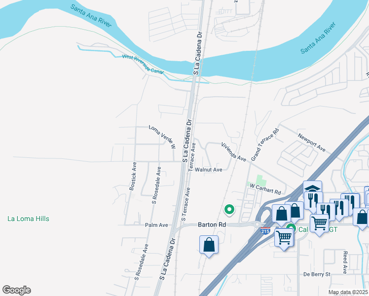 map of restaurants, bars, coffee shops, grocery stores, and more near 145 Loma Verde West in Colton