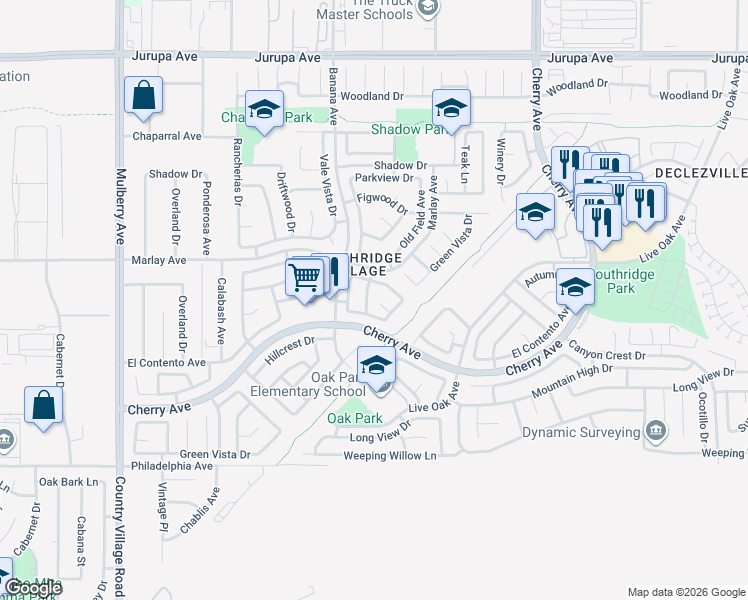 map of restaurants, bars, coffee shops, grocery stores, and more near 11774 Burl Drive in Fontana