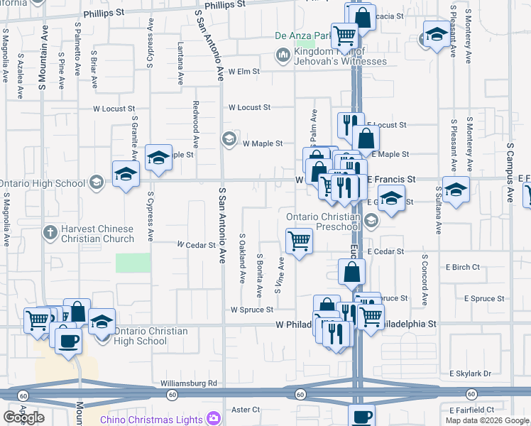 map of restaurants, bars, coffee shops, grocery stores, and more near in Ontario