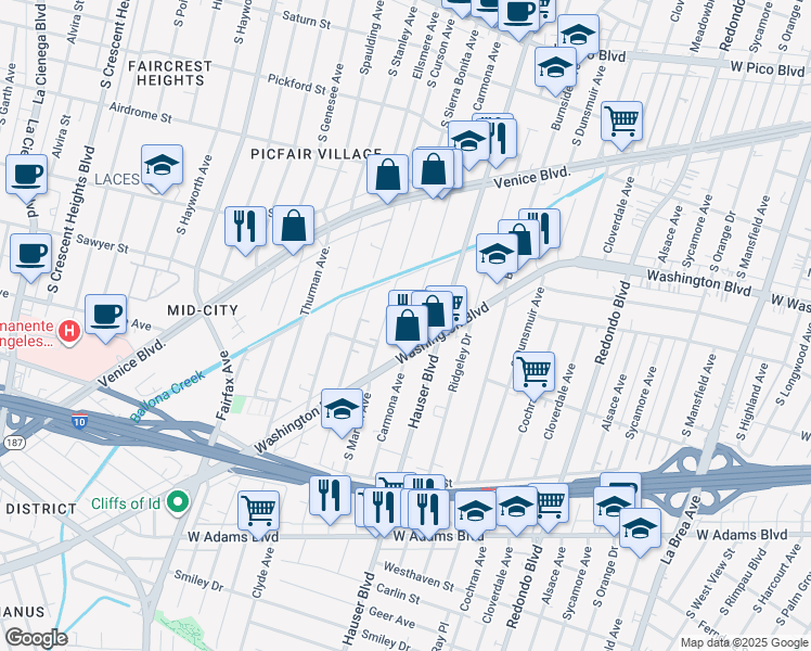 map of restaurants, bars, coffee shops, grocery stores, and more near 1921 Carmona Avenue in Los Angeles