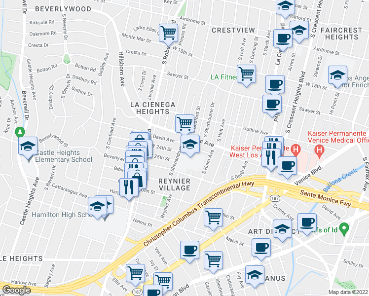map of restaurants, bars, coffee shops, grocery stores, and more near 2410 South Shenandoah Street in Los Angeles