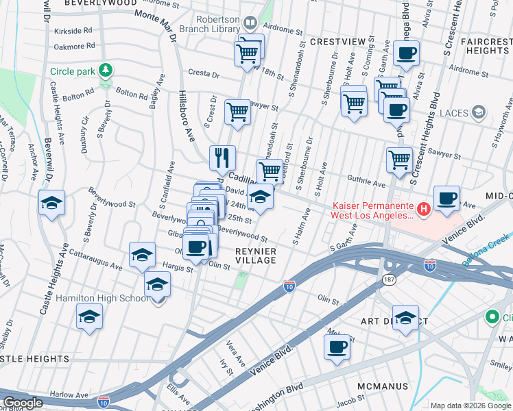 map of restaurants, bars, coffee shops, grocery stores, and more near 8925 West 24th Street in Los Angeles