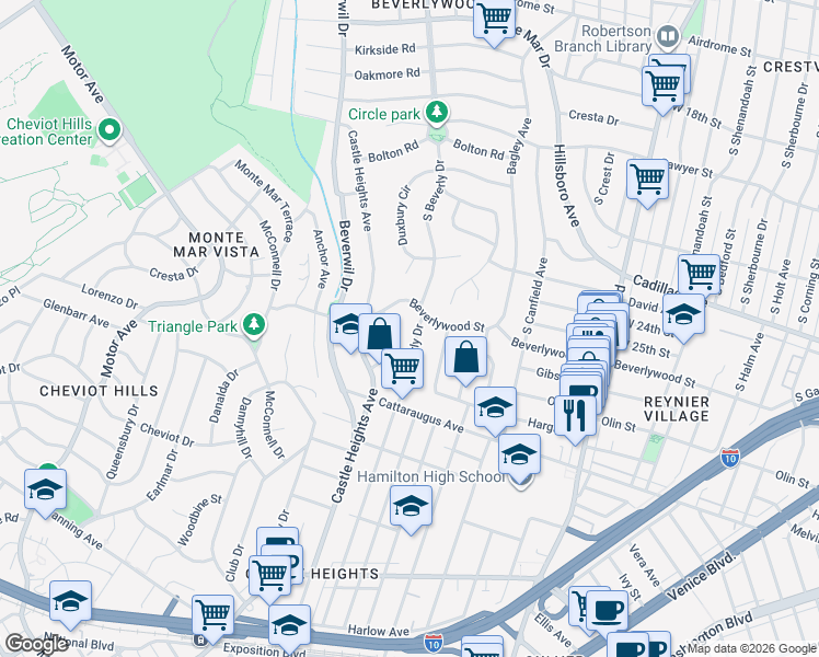 map of restaurants, bars, coffee shops, grocery stores, and more near 2618 Castle Heights Place in Los Angeles