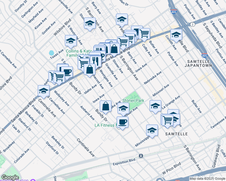map of restaurants, bars, coffee shops, grocery stores, and more near 1714 South Westgate Avenue in Los Angeles