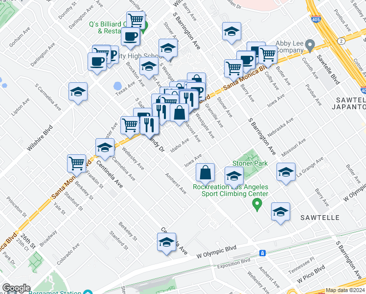 map of restaurants, bars, coffee shops, grocery stores, and more near 1606 Brockton Avenue in Los Angeles