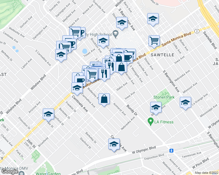 map of restaurants, bars, coffee shops, grocery stores, and more near 1533 South Bundy Drive in Los Angeles
