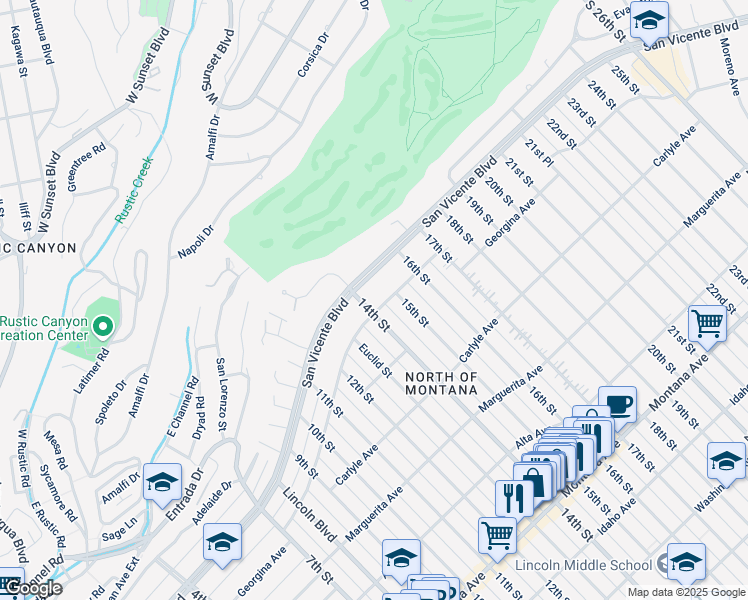 map of restaurants, bars, coffee shops, grocery stores, and more near 1407 Georgina Avenue in Santa Monica