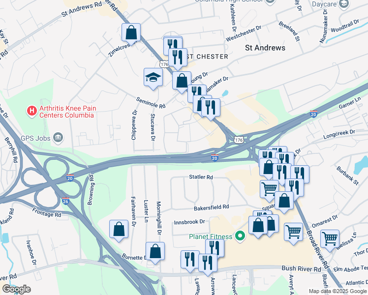 map of restaurants, bars, coffee shops, grocery stores, and more near 808 Old Manor Road in Columbia