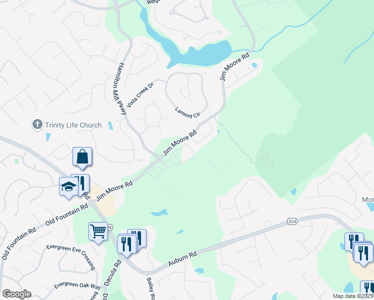 map of restaurants, bars, coffee shops, grocery stores, and more near 1294 Six Sisters Street in Dacula