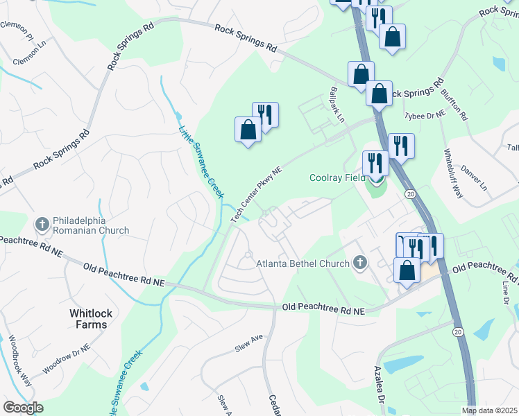 map of restaurants, bars, coffee shops, grocery stores, and more near 2400 Tech Center Parkway Northeast in Lawrenceville