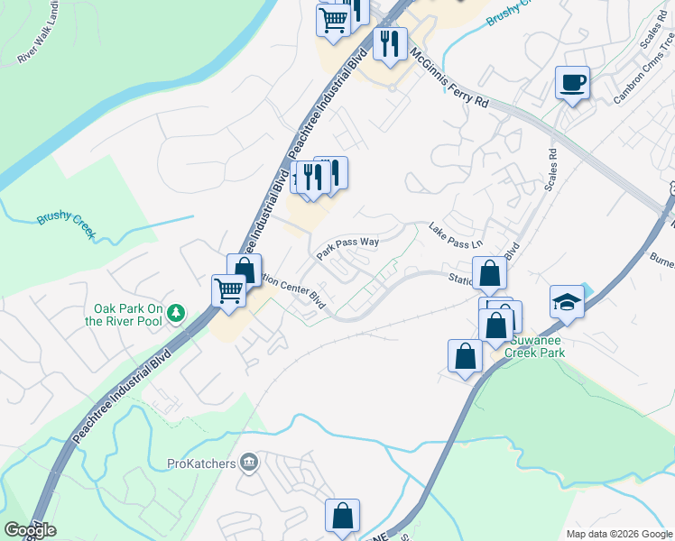 map of restaurants, bars, coffee shops, grocery stores, and more near 3989 Church View Lane in Suwanee