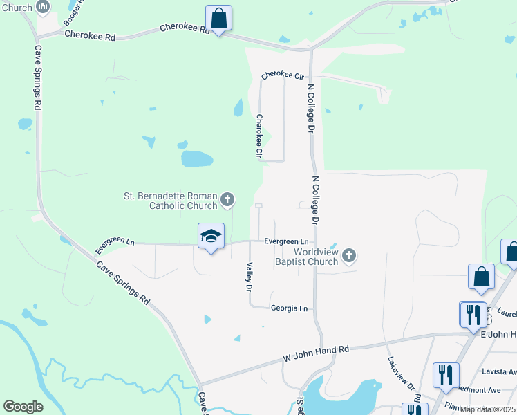 map of restaurants, bars, coffee shops, grocery stores, and more near 76 Evergreen Lane in Cedartown