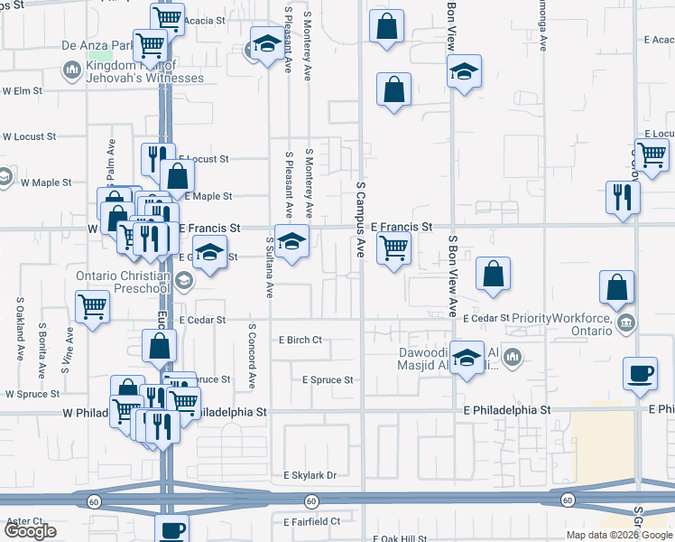 map of restaurants, bars, coffee shops, grocery stores, and more near 1900 South Campus Avenue in Ontario