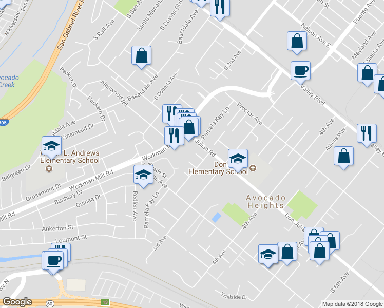 map of restaurants, bars, coffee shops, grocery stores, and more near 13704 Benbrook Drive in La Puente