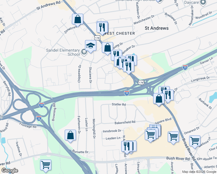 map of restaurants, bars, coffee shops, grocery stores, and more near 808 Old Manor Road in Columbia
