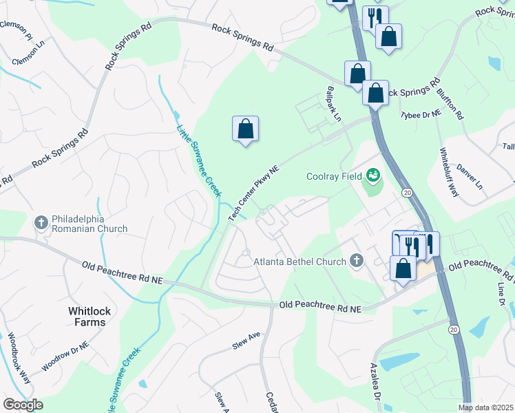 map of restaurants, bars, coffee shops, grocery stores, and more near 1600 Overlook Park Lane in Lawrenceville