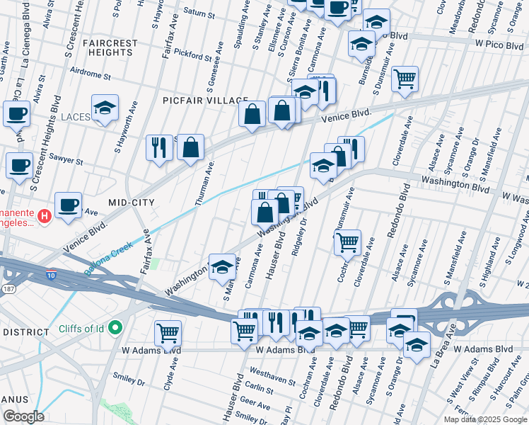 map of restaurants, bars, coffee shops, grocery stores, and more near 1923 Carmona Avenue in Los Angeles