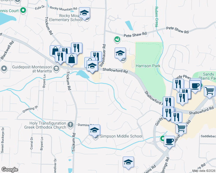 map of restaurants, bars, coffee shops, grocery stores, and more near 3362 Perrington Pointe in Marietta