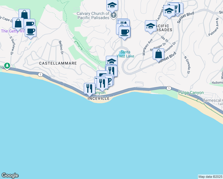 map of restaurants, bars, coffee shops, grocery stores, and more near 17368 Sunset Boulevard in Los Angeles