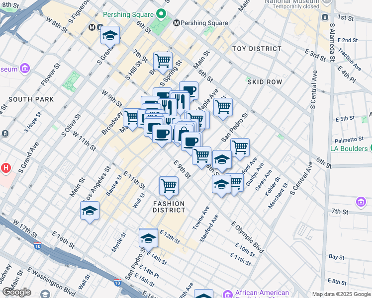map of restaurants, bars, coffee shops, grocery stores, and more near 824 Wall Street in Los Angeles