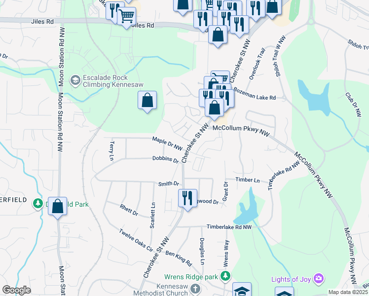 map of restaurants, bars, coffee shops, grocery stores, and more near 3541 Cherokee Street Northwest in Kennesaw