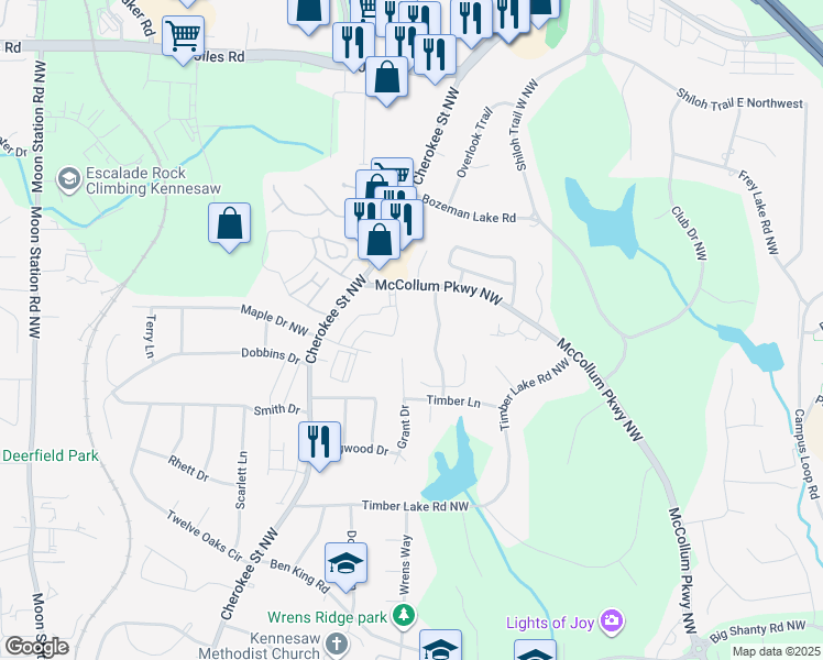 map of restaurants, bars, coffee shops, grocery stores, and more near 3540 Grant Dr in Kennesaw