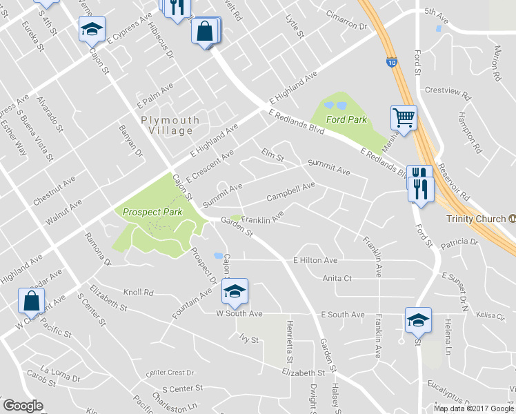 map of restaurants, bars, coffee shops, grocery stores, and more near 142 Campbell Avenue in Redlands