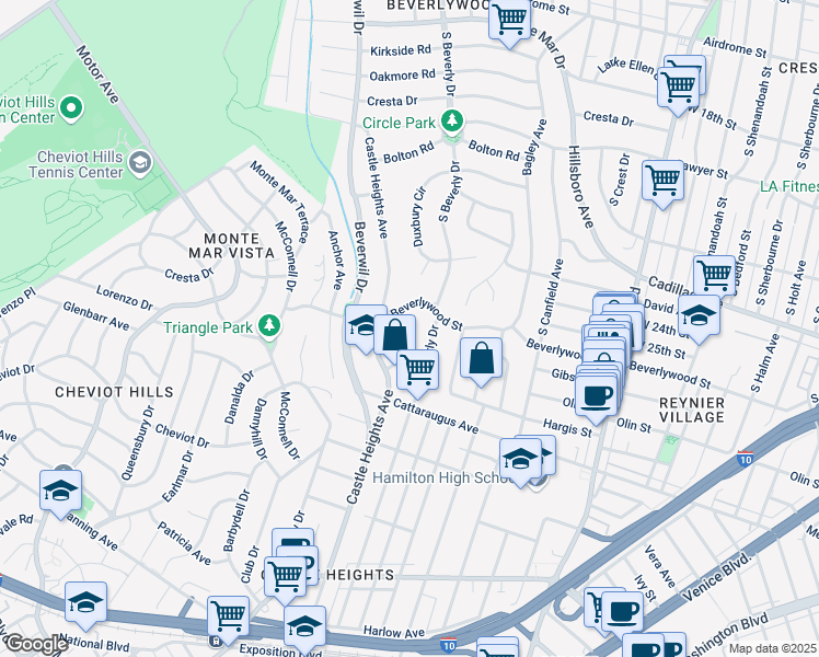 map of restaurants, bars, coffee shops, grocery stores, and more near 2618 Castle Heights Place in Los Angeles