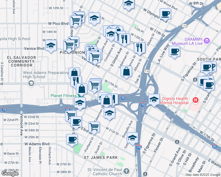 map of restaurants, bars, coffee shops, grocery stores, and more near 1715 Toberman Street in Los Angeles