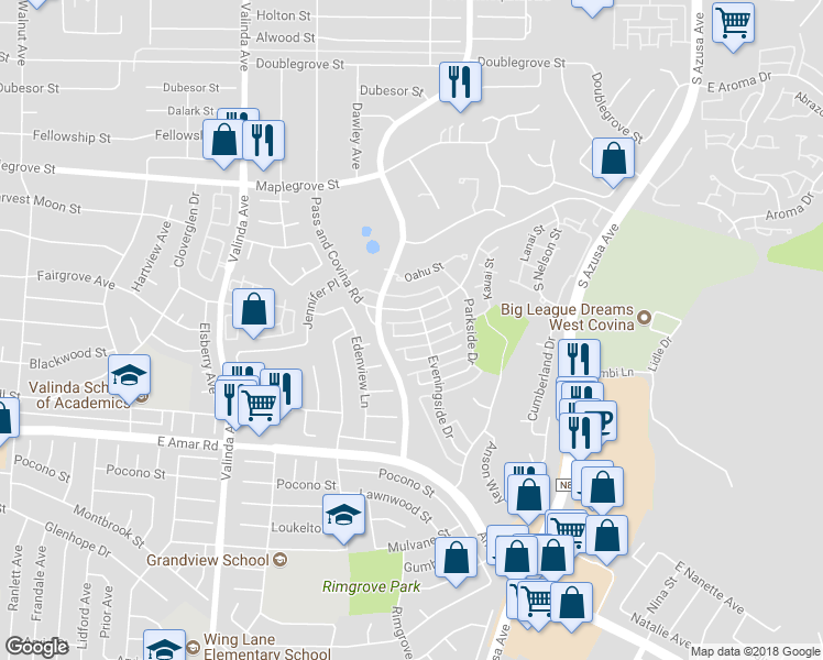map of restaurants, bars, coffee shops, grocery stores, and more near 1331 Peppertree Circle in West Covina
