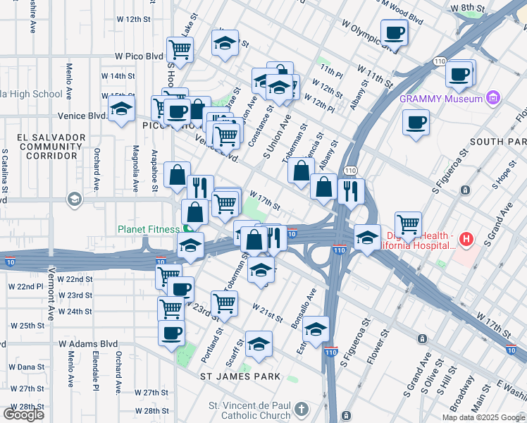 map of restaurants, bars, coffee shops, grocery stores, and more near 1715 Toberman Street in Los Angeles