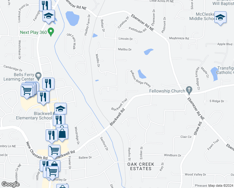 map of restaurants, bars, coffee shops, grocery stores, and more near 3680 Catalina Drive in Marietta