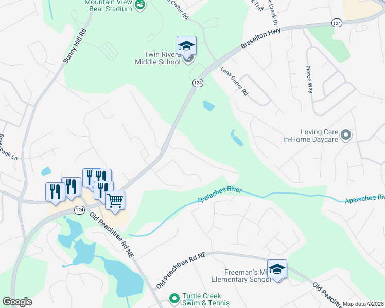 map of restaurants, bars, coffee shops, grocery stores, and more near 1897 Willoughby Drive in Buford