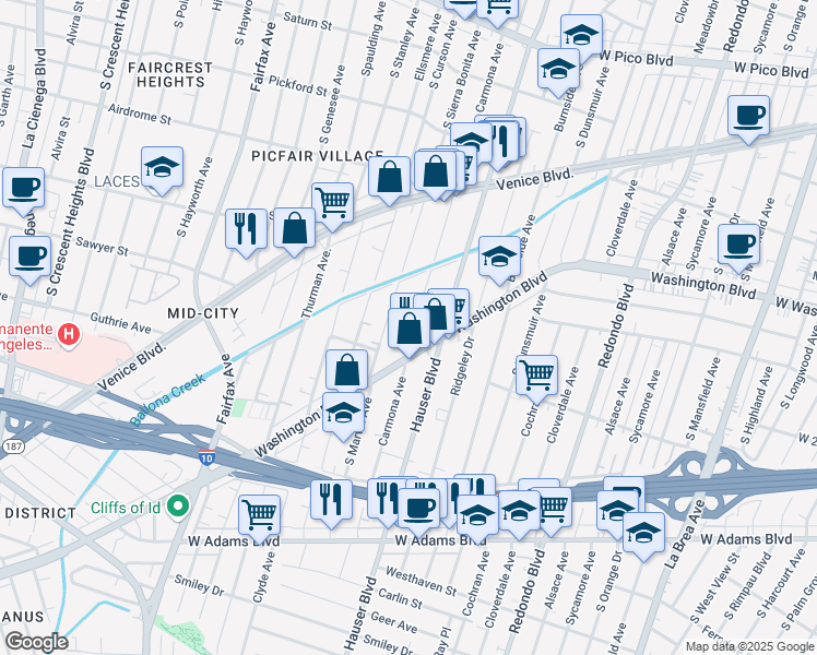 map of restaurants, bars, coffee shops, grocery stores, and more near 1923 Carmona Avenue in Los Angeles