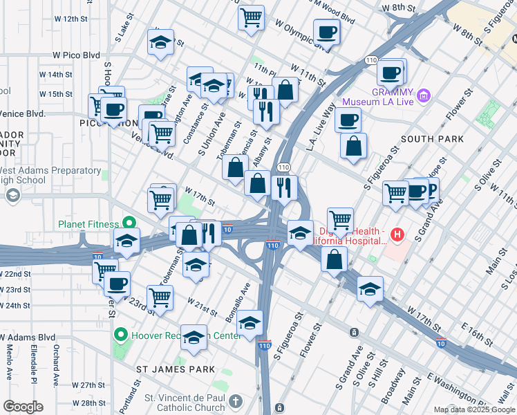 map of restaurants, bars, coffee shops, grocery stores, and more near 830 Venice Boulevard in Los Angeles