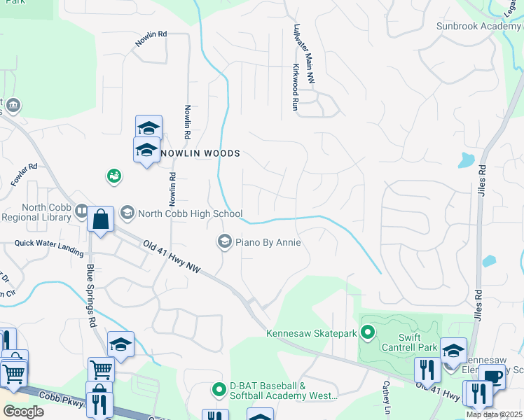 map of restaurants, bars, coffee shops, grocery stores, and more near 3036 Donamire Court Northwest in Kennesaw