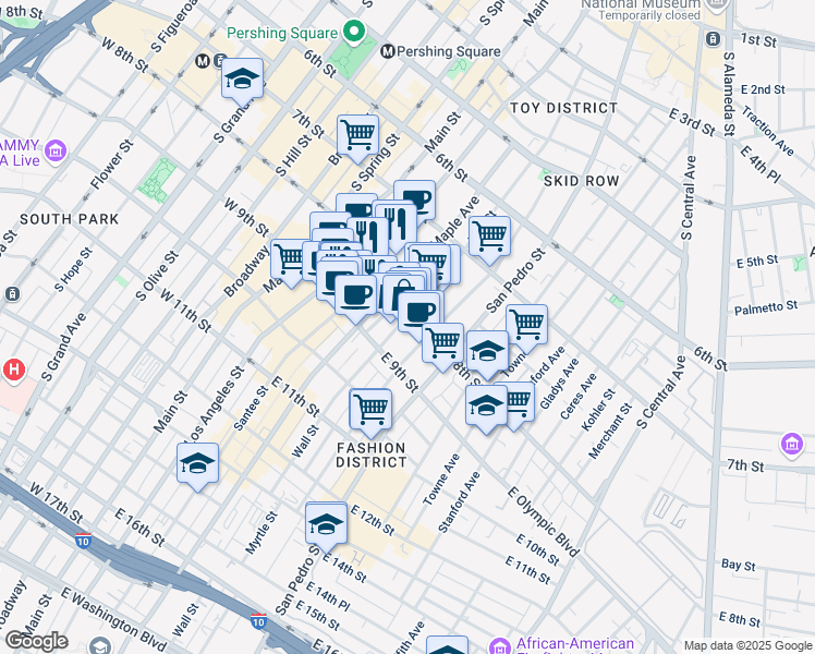 map of restaurants, bars, coffee shops, grocery stores, and more near 824 Wall Street in Los Angeles