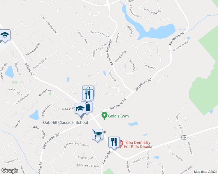 map of restaurants, bars, coffee shops, grocery stores, and more near Grove Valley Lane in Dacula