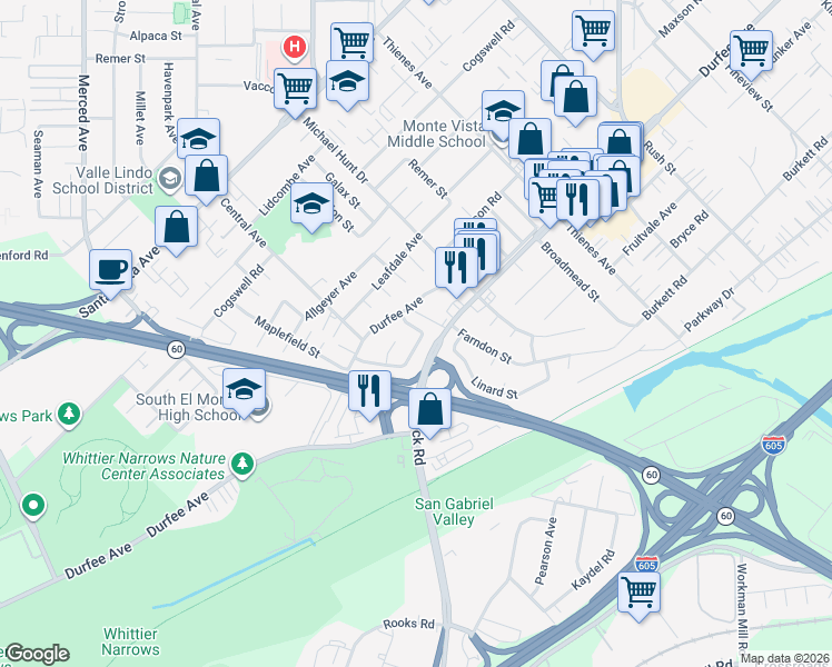 map of restaurants, bars, coffee shops, grocery stores, and more near 11264 Linard Street in South El Monte