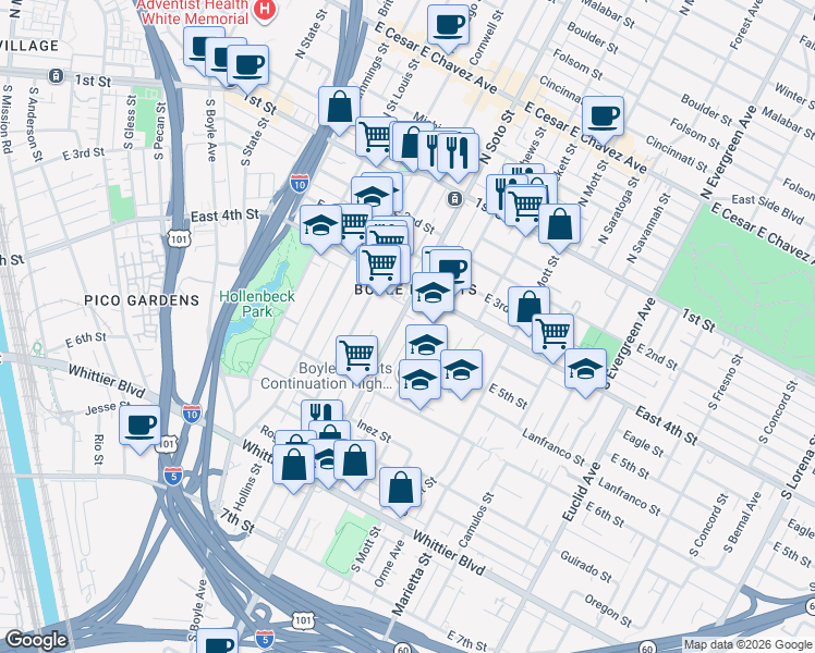 map of restaurants, bars, coffee shops, grocery stores, and more near 436 South Soto Street in Los Angeles