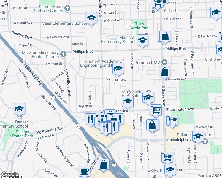 map of restaurants, bars, coffee shops, grocery stores, and more near 1758 Bainbridge Street in Pomona