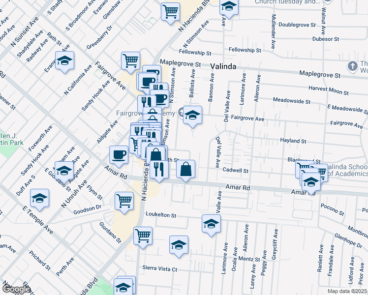 map of restaurants, bars, coffee shops, grocery stores, and more near 15553 Blackwood Street in La Puente