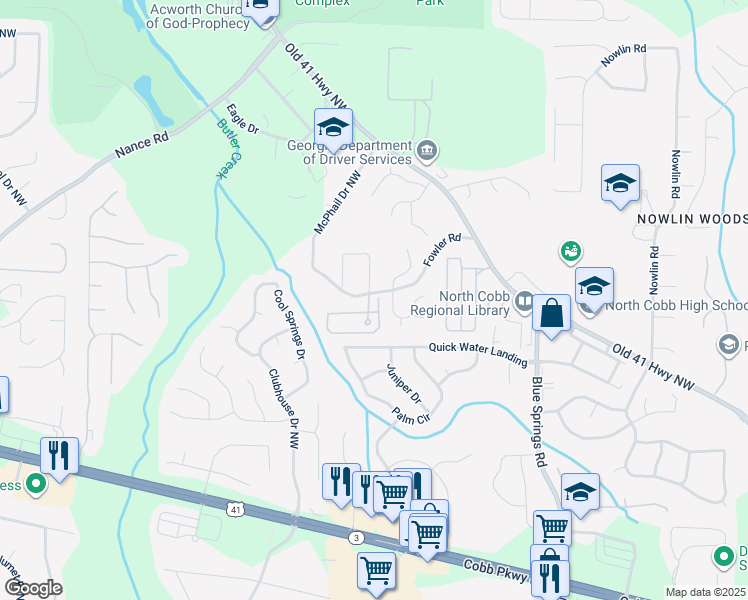map of restaurants, bars, coffee shops, grocery stores, and more near 3434 Town Square Drive Northwest in Kennesaw