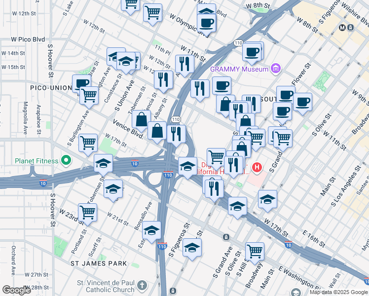 map of restaurants, bars, coffee shops, grocery stores, and more near 1430 Wright Street in Los Angeles